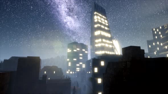 City Skyscrapes at Night with Milky Way Stars