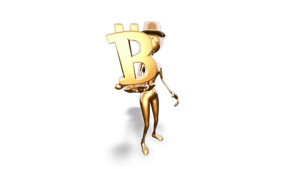 Gold 3D Woman Cartoon Show Bitcoin  3D Looped on White alt