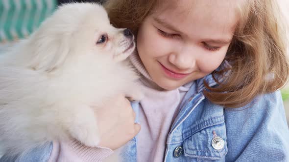 a Small and Happy Girl with a White and Fluffy Spitz Puppy