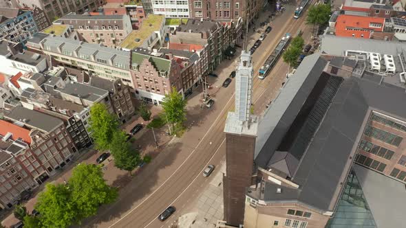 Amsterdam Street with Public Transport Tram From Aerial Drone Perspective