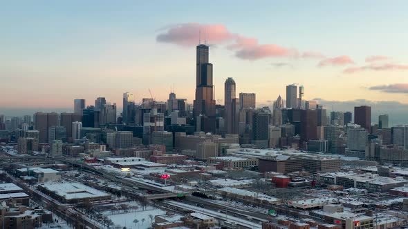 Cinematic Aerial View of Chicago After Snowfall