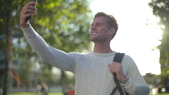 Slowmotion Handsome Blond Tall Caucasian Guy Traveler Walking Foreign City Enjoying Views Nature