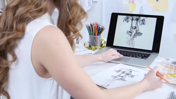 Artist in His Office, Draw a Sketch of a New Outfit for Girls