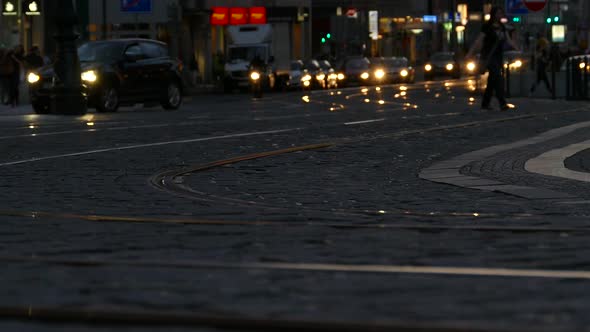 Prague City - Old Square - Night Traffic and People