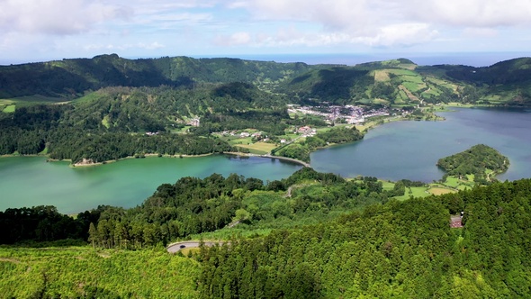 Portugal. Azores. Crater lake with clear turquoise water. Aerial view.
