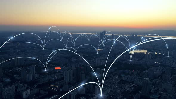 smart Connected city skyline. Futuristic network concept, city Technology.