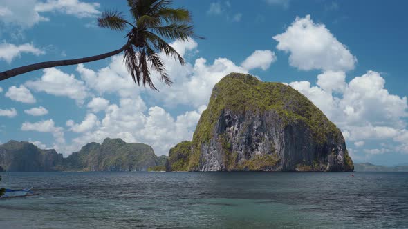 El Nido, Palawan Island, Philippines. Nature Scenery of Pinagbuyutan Island, Sea Strait and Palm