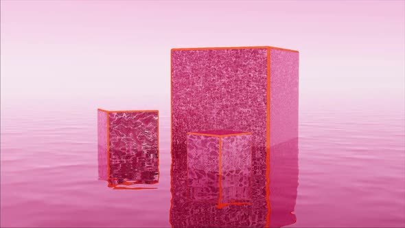 Pink 3D cubic figures with rough surface in surreal landscape