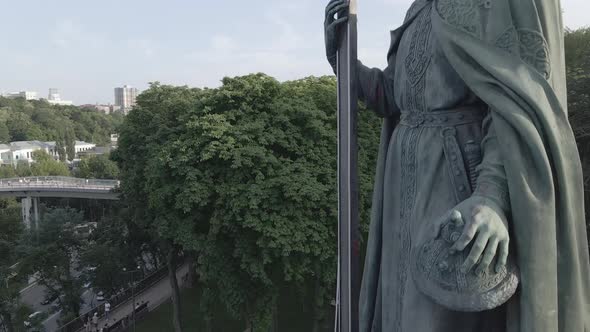 The Architecture of Kyiv. Ukraine: Monument To Volodymyr the Great. Aerial View, Slow Motion, Flat