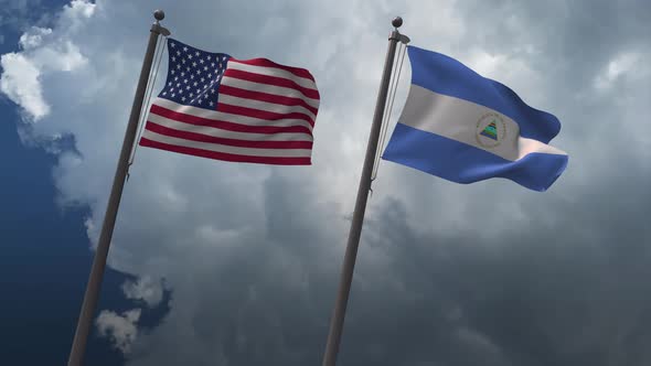 Waving Flags Of The United States And The Nicaragua 4K