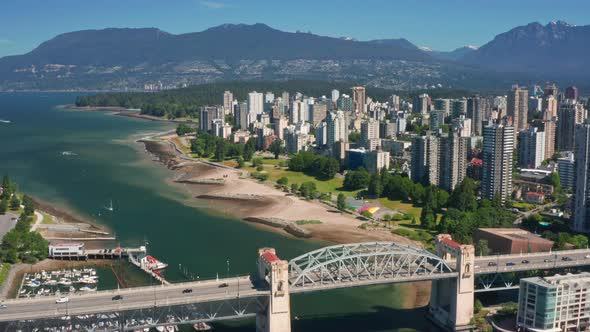 Aerial View Of Burrard Bridge, Beach, Marina, False Creek And Downtown Vancouver On A Sunny Day In C