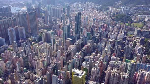 Drone fly over the Hong Kong urban city