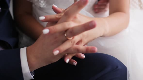 Lovely Couple Bride and Groom Holding Hands Wedding Day