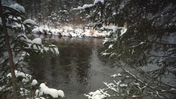 River Coast Covered with Snow