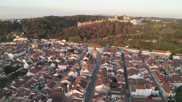 Aerial drone view of Tomar and Convento de cristo christ convent in Portugal