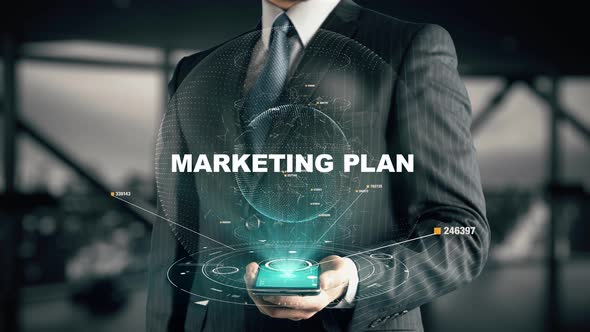 Businessman with Marketing Plan Hologram Concept 2Nd Version
