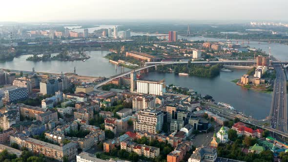 Top view of Podol. Many buildings and churches. Evening view of the river  Dnipro.