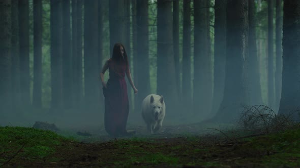 Woman and dog in a misty forest