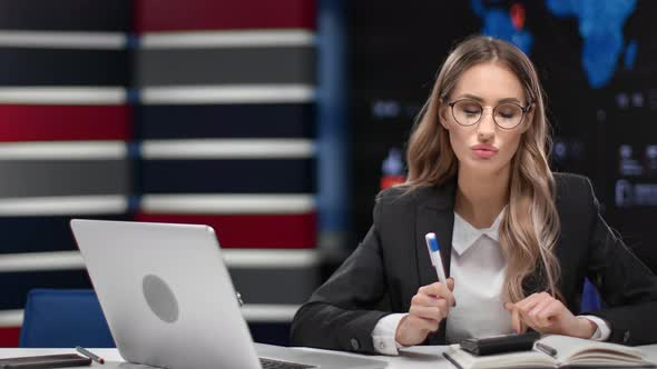 Beautiful Blonde Business Woman News Presenter or Blogger Influencer Talking About World Finance