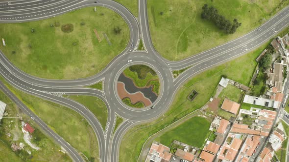 Drone footage of the Ponta Delgada roundabout joining the Regional da Ribeira Grande roads together