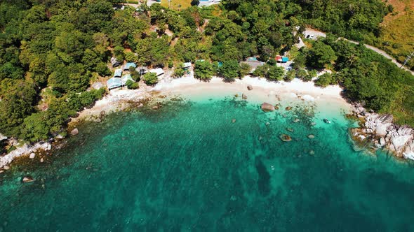 Aerial View Top View Drone Move Beautiful Tropical Beach with White Sand and Rocks