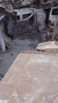 Vertical Video of Wartorn Cars in Ukraine