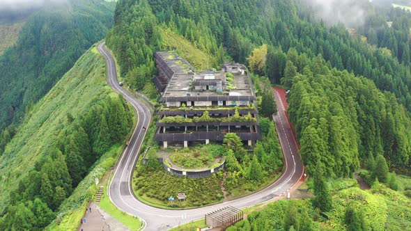 Aerial view of Monte Palace Hotel, Sao Miguel Island, Azores, Portugal.