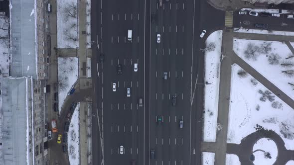 Top View Drone Shot of Busy Road in Moscow City at Winter Day.