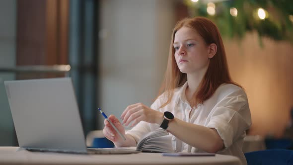 Remote Education in Foreign Educational Institution Young Female Student Listening Lecture Online alt