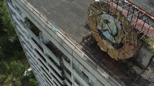 Soviet Coat of Arms on a Highrise Building Aerial View