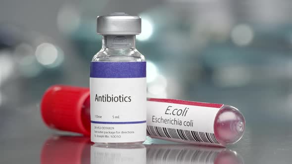 Antibiotics and Escherichia coli e.coli vial in medial lab