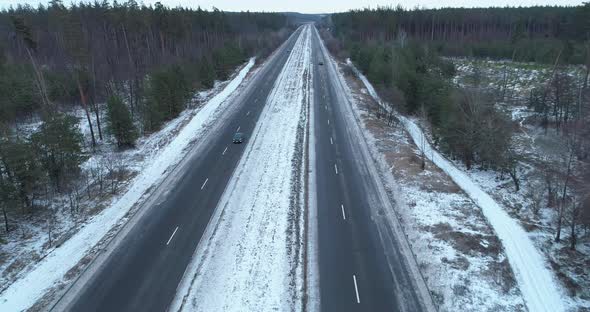 Winter Highway Flyover Gps Tracking Cars Forest