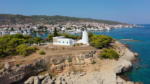 Aerial View of Lighthouse at Spetses Old Town Greece  Drone Videography