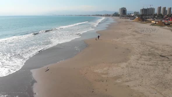 A man runs with a dog, pacific ocean coast beach (Coquimbo, Chile) aerial view