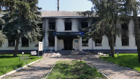 War in Ukraine  the Destroyed and Burned Building of the Police Station in Borodyanka Kyiv Region