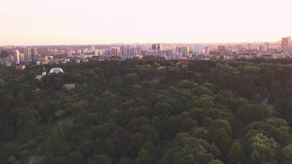 Flying Over the Green Forest During Sunset Towards Cityscape