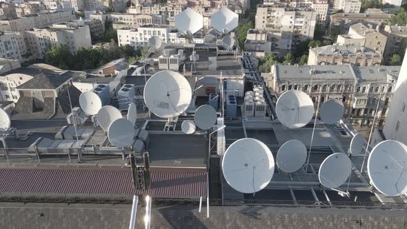 TV Antennas on the Roof of the Building. Aerial. Kyiv, Ukraine, Flat, Gray