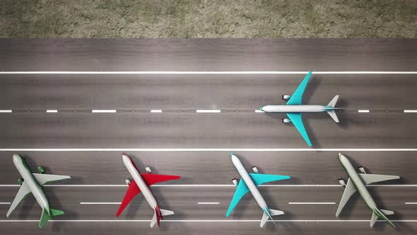Aerial view of parked airplanes at the airport runway