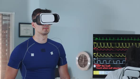 Close-up of Athlete in VR Glasses Walking on Racetrack During Stress Test