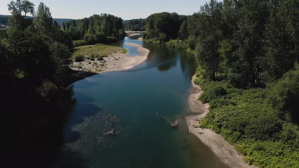 Peaceful River Bending Through Forest Trees On Sunny Summer Day In Pacific Northwest