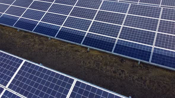 Aerial Drone View Solar Panels on Sunny Day Closeup