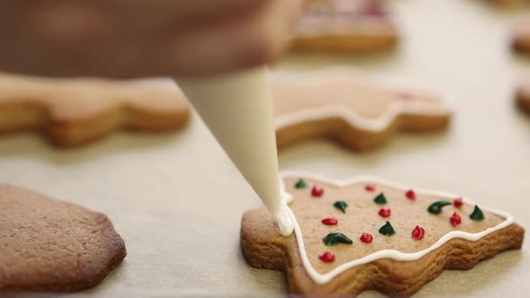 Closeup Decoration Homemade Gingerbread Christmas Cookies Food Icing Glaze