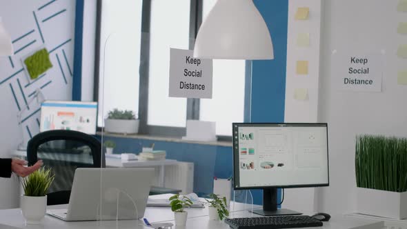 Collegues with Protection Face Mask Start Working at Business Office