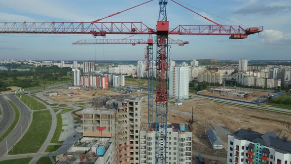 Aerial Photography Of The Construction Site. Construction Of Modern Multi Storey Buildings.
