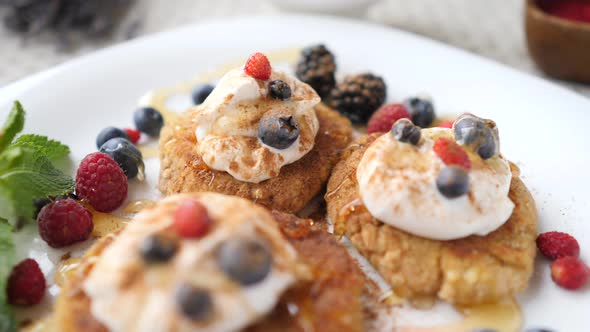 Closeup Of Healthy Vegan Breakfast. Sweet Pancakes With Berries.