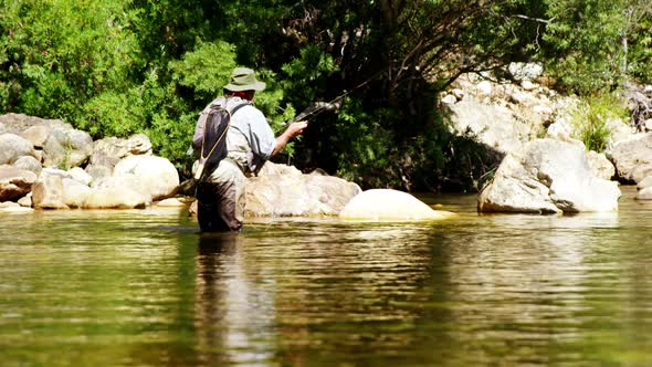 Man fly fishing in river