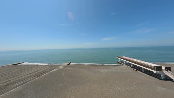 Aerial Shot Public Beach Embankment at Summer Sunny Day Landscape Sea Shore with Tourist