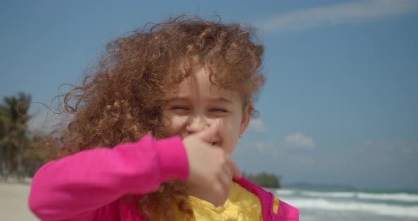 Cute Kid Portrait Little Girl Smiling Child Looking at Camera Are Walking on Beach