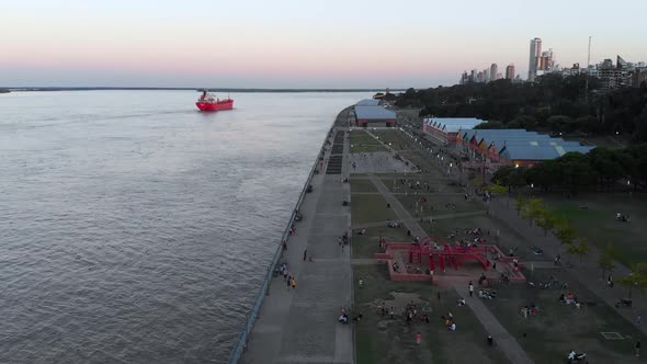Promenade Parana River, Park Spain (Rosario Argentina) aerial view drone footage