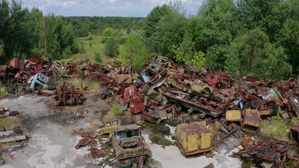 Drone View of Car Dump in Chernobyl Zone